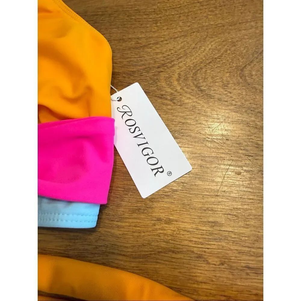 NWT Rosvigor Women's High Waisted Colorblock Bikini Set Pink Orange Blue Medium - Picture 2 of 6